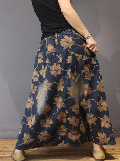 Autumn Retro Denim Printed Loose Culottes