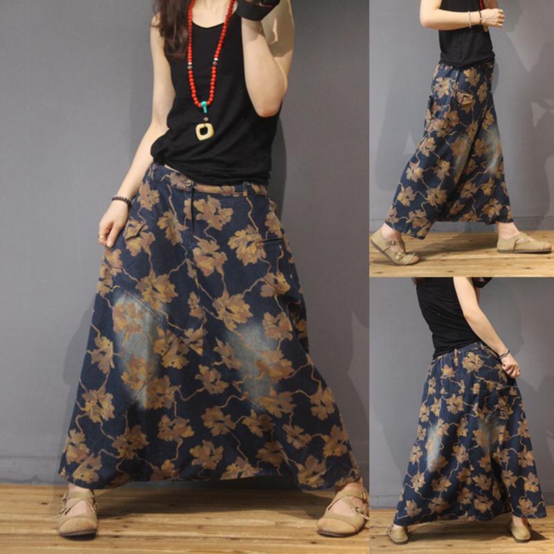 Autumn Retro Denim Printed Loose Culottes
