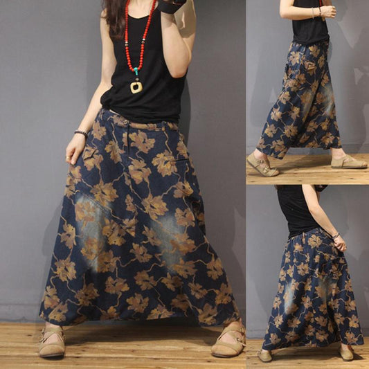 Autumn Retro Denim Printed Loose Culottes