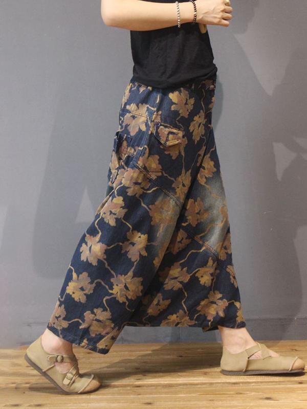 Autumn Retro Denim Printed Loose Culottes