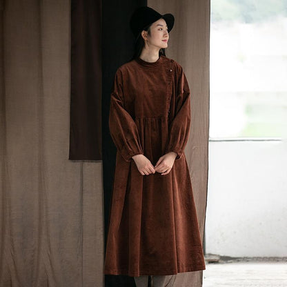 Plus Size - Autumn Winter Pleated Corduroy Dress