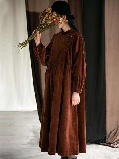 Plus Size - Autumn Winter Pleated Corduroy Dress