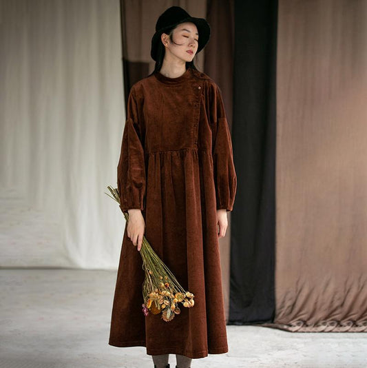 Plus Size - Autumn Winter Pleated Corduroy Dress