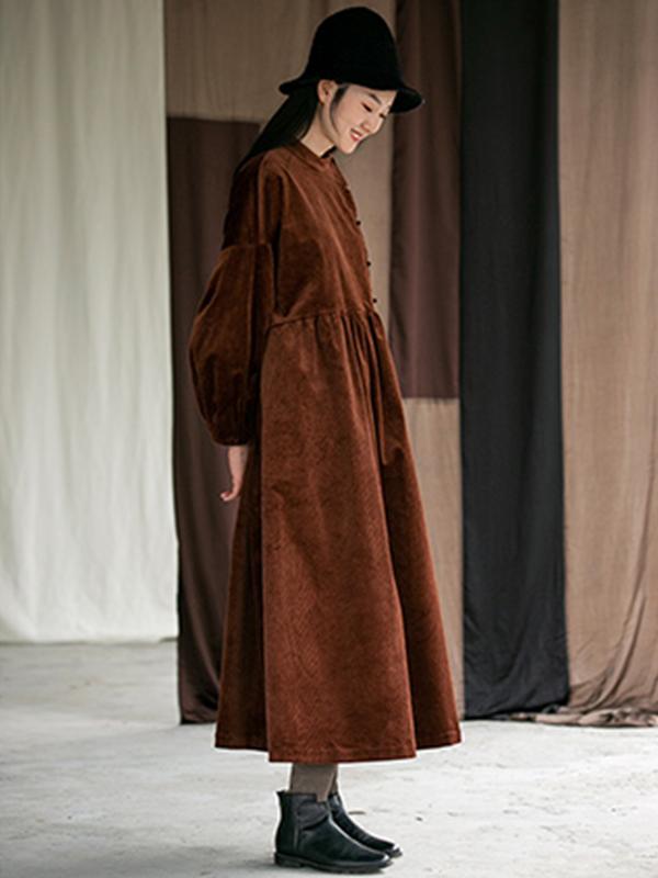 Plus Size - Autumn Winter Pleated Corduroy Dress