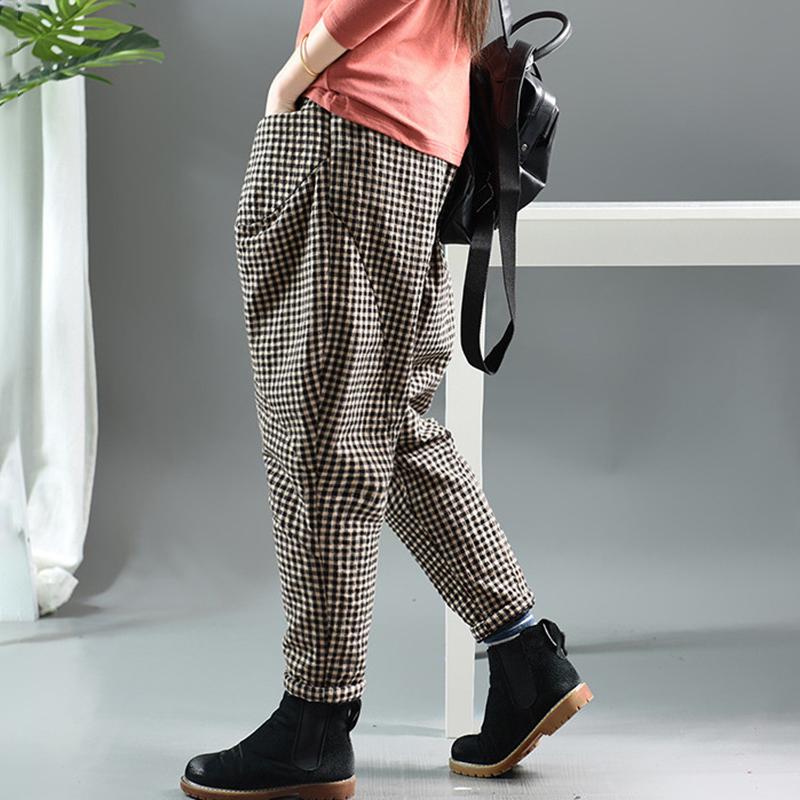 Autumn Winter Retro Plaid Thick Harem Pants