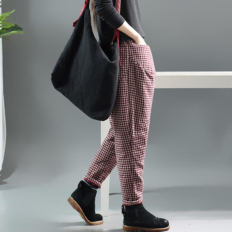 Autumn Winter Retro Plaid Thick Harem Pants