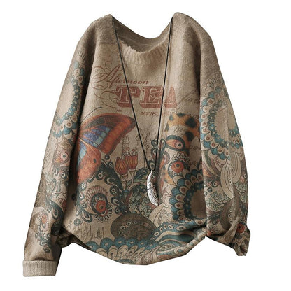Autumn Winter Retro Printed O-neck Sweater