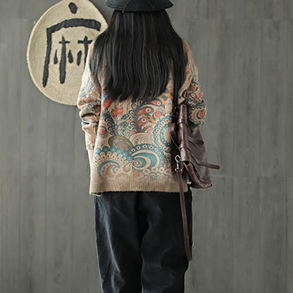 Autumn Winter Retro Printed O-neck Sweater