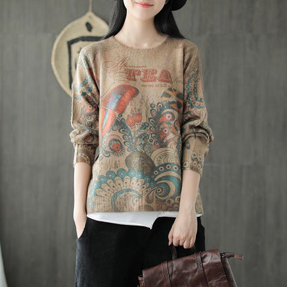 Autumn Winter Retro Printed O-neck Sweater
