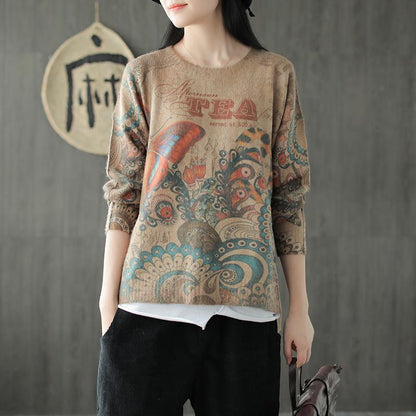 Autumn Winter Retro Printed O-neck Sweater