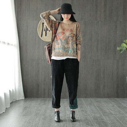 Autumn Winter Retro Printed O-neck Sweater