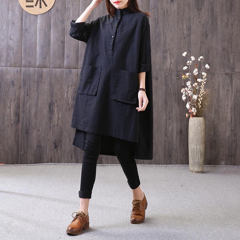 Loose Irregular Stand Collar Long Sleeve Black Shirt