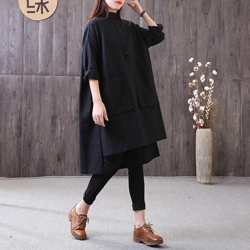 Loose Irregular Stand Collar Long Sleeve Black Shirt