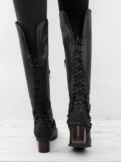 Chunky Tassels Bandage Knee High Boots