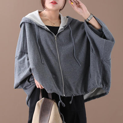 Batwing Sleeve Solid Color Loose Zipper Hoodie