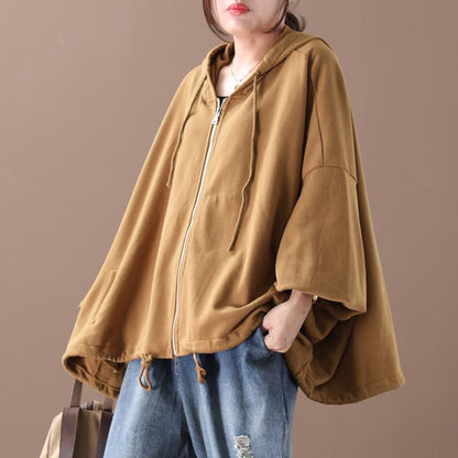 Batwing Sleeve Solid Color Loose Zipper Hoodie