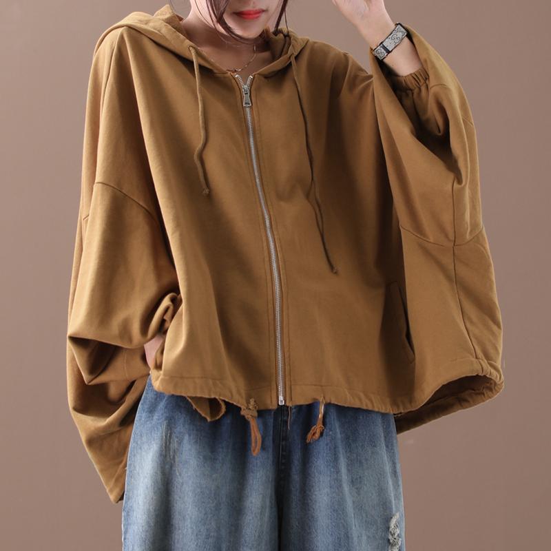 Batwing Sleeve Solid Color Loose Zipper Hoodie