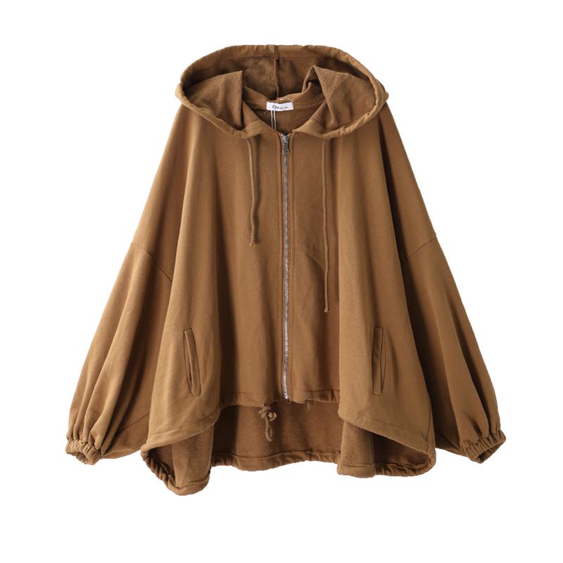 Batwing Sleeve Solid Color Loose Zipper Hoodie