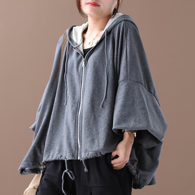 Batwing Sleeve Solid Color Loose Zipper Hoodie