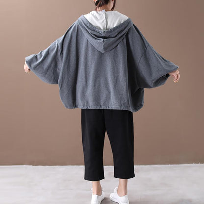 Batwing Sleeve Solid Color Loose Zipper Hoodie