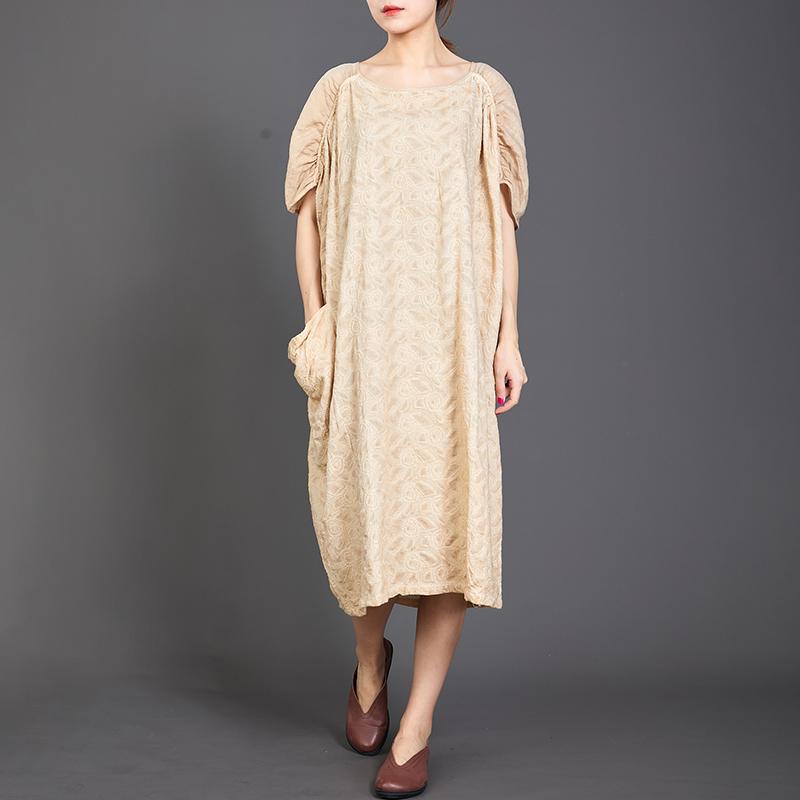 Big Pockets Jacquard Short Sleeve Loose Dress