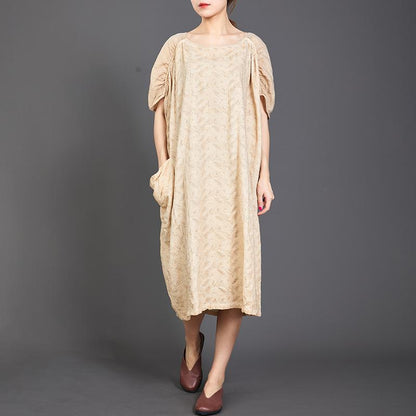 Big Pockets Jacquard Short Sleeve Loose Dress