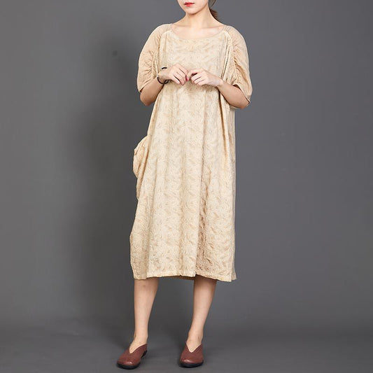 Big Pockets Jacquard Short Sleeve Loose Dress