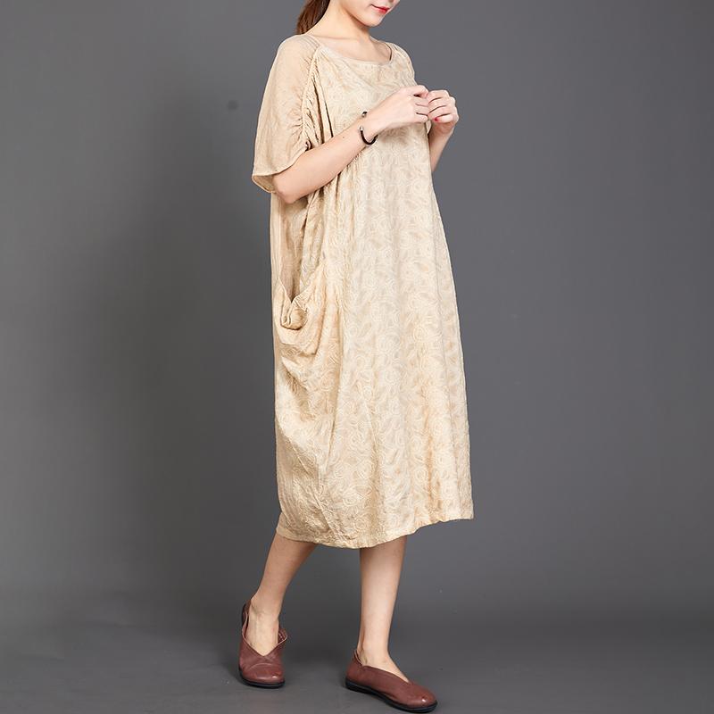 Big Pockets Jacquard Short Sleeve Loose Dress