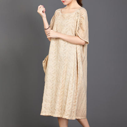 Big Pockets Jacquard Short Sleeve Loose Dress