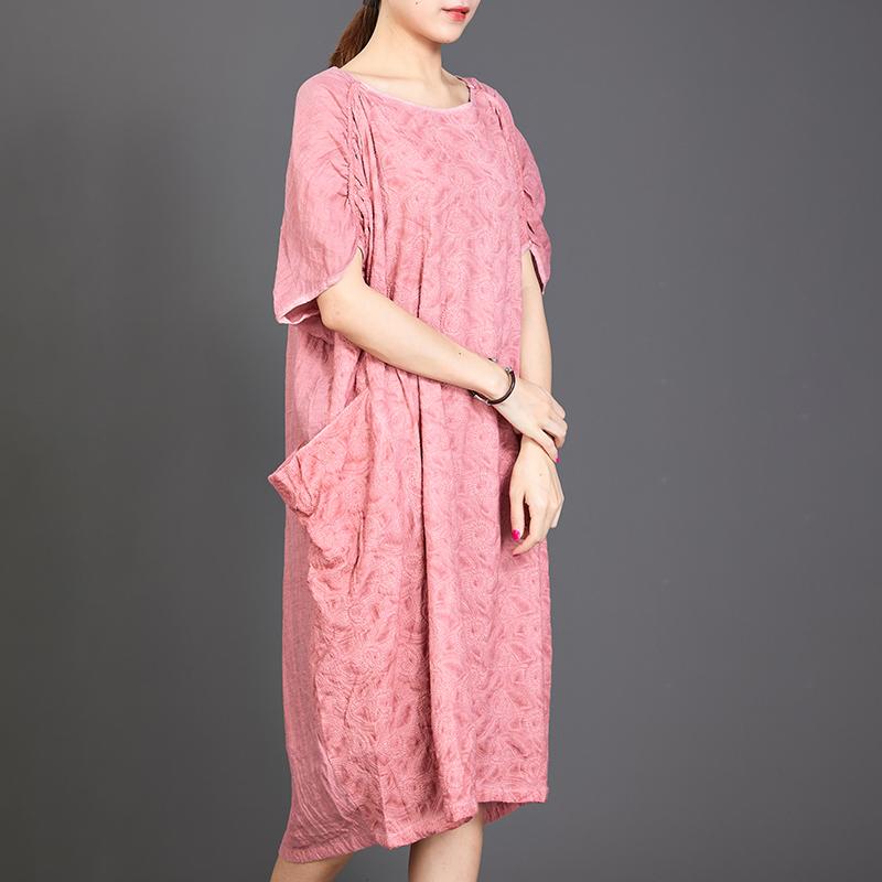 Big Pockets Jacquard Short Sleeve Loose Dress