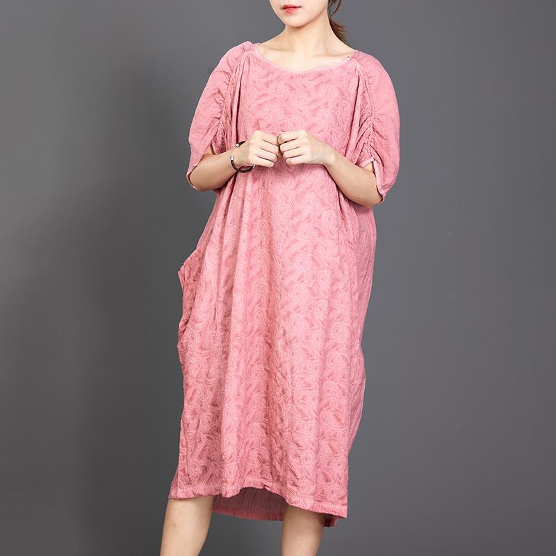 Big Pockets Jacquard Short Sleeve Loose Dress
