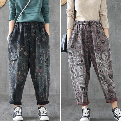 Big Pockets Loose Printed Casual Harem Jeans