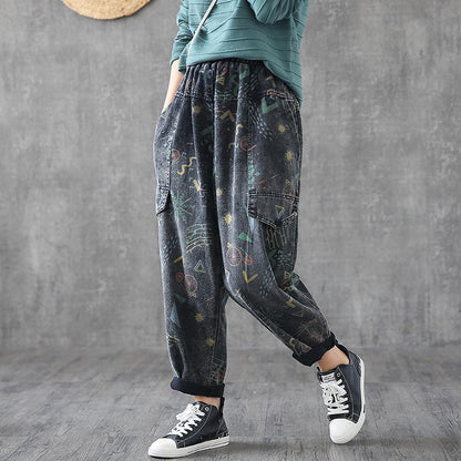 Big Pockets Loose Printed Casual Harem Jeans