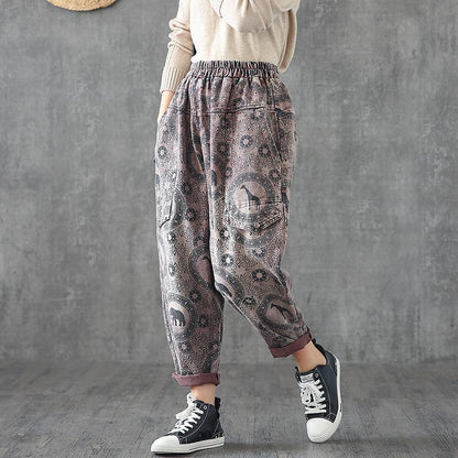 Big Pockets Loose Printed Casual Harem Jeans