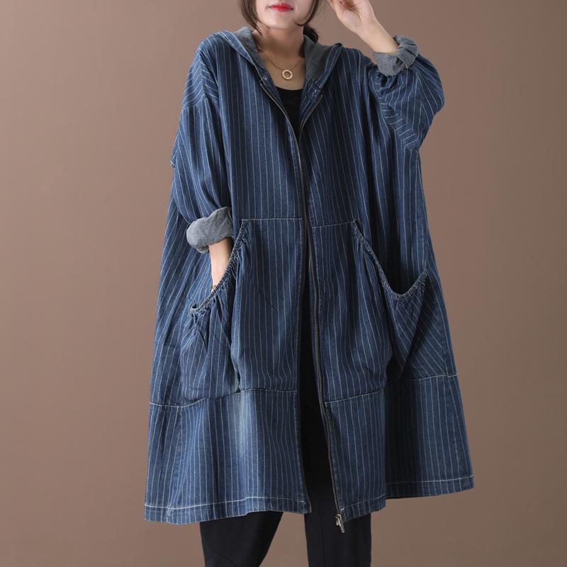 Big Pockets Striped Casual Loose Denim Coat