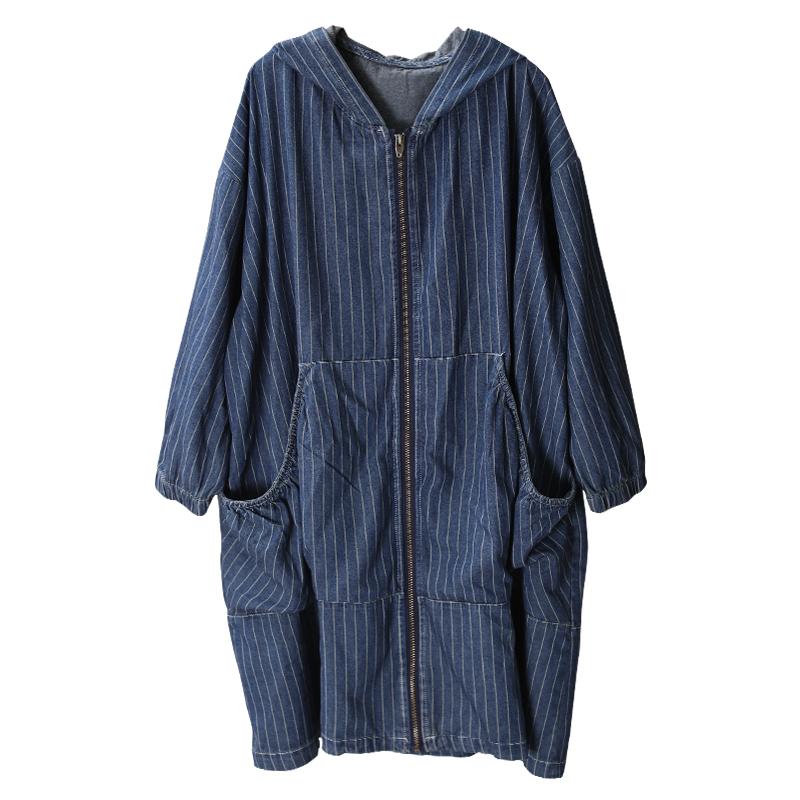 Big Pockets Striped Casual Loose Denim Coat