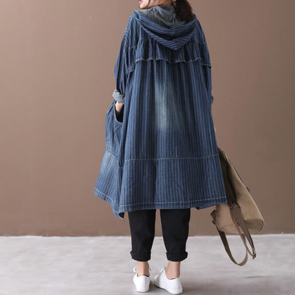 Big Pockets Striped Casual Loose Denim Coat