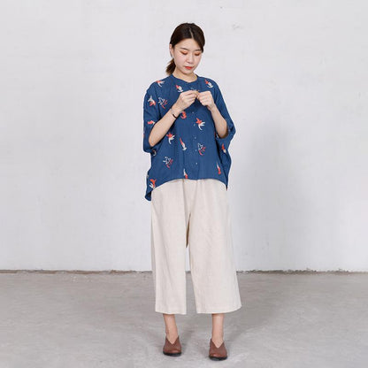 Bird Embroidery Casual Loose Single Breasted Shirt