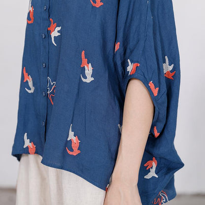 Bird Embroidery Casual Loose Single Breasted Shirt