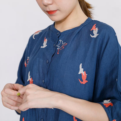 Bird Embroidery Casual Loose Single Breasted Shirt
