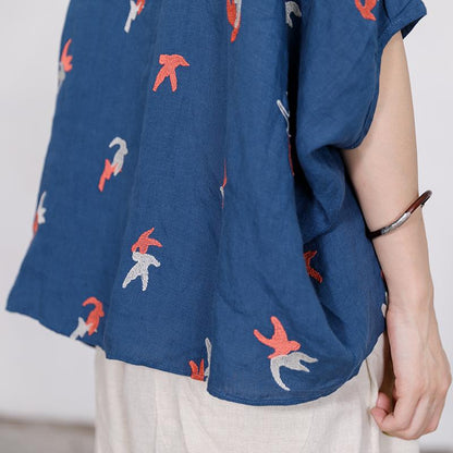 Bird Embroidery Casual Loose Single Breasted Shirt