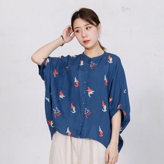 Bird Embroidery Casual Loose Single Breasted Shirt