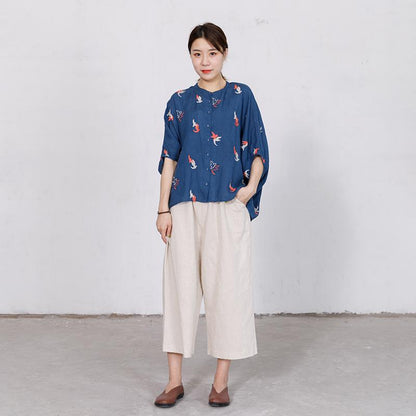 Bird Embroidery Casual Loose Single Breasted Shirt