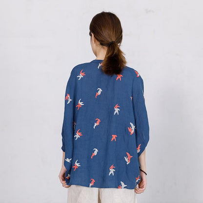 Bird Embroidery Casual Loose Single Breasted Shirt