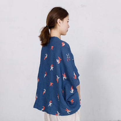 Bird Embroidery Casual Loose Single Breasted Shirt