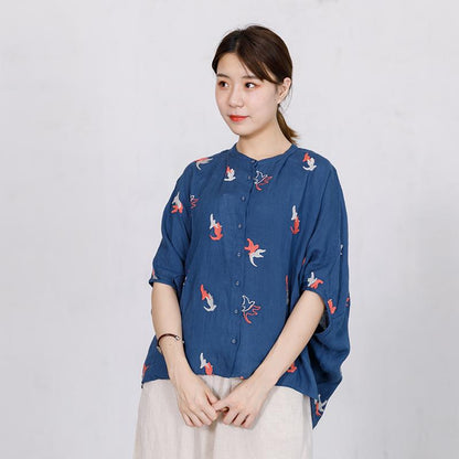 Bird Embroidery Casual Loose Single Breasted Shirt