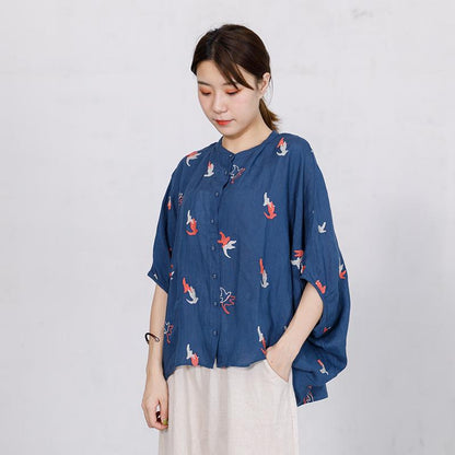 Bird Embroidery Casual Loose Single Breasted Shirt
