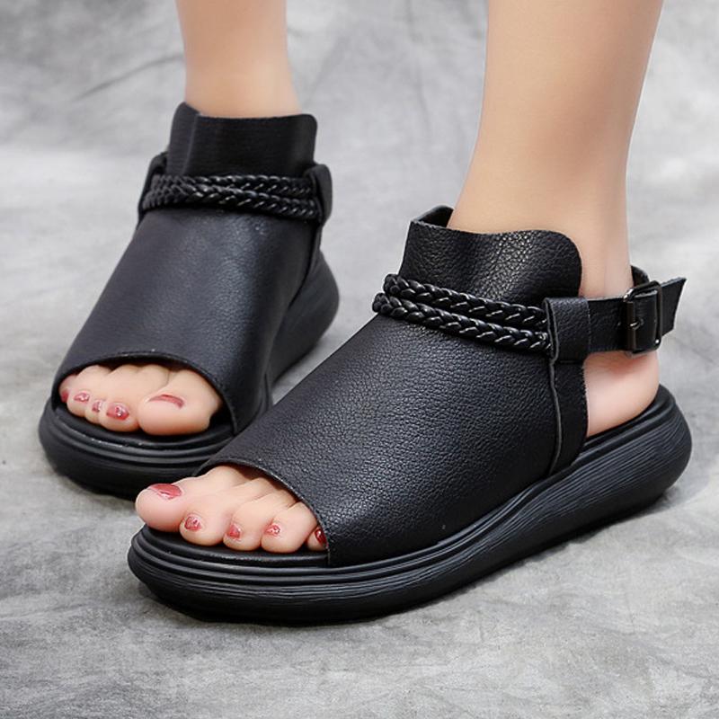 Black Casual Leather Women Flat Sandals