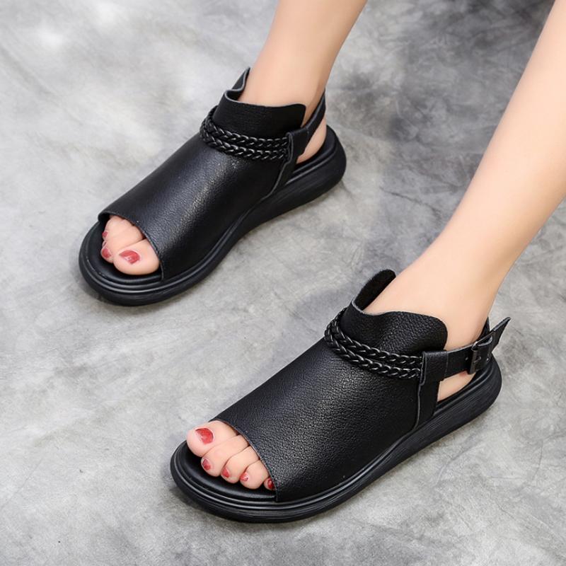 Black Casual Leather Women Flat Sandals