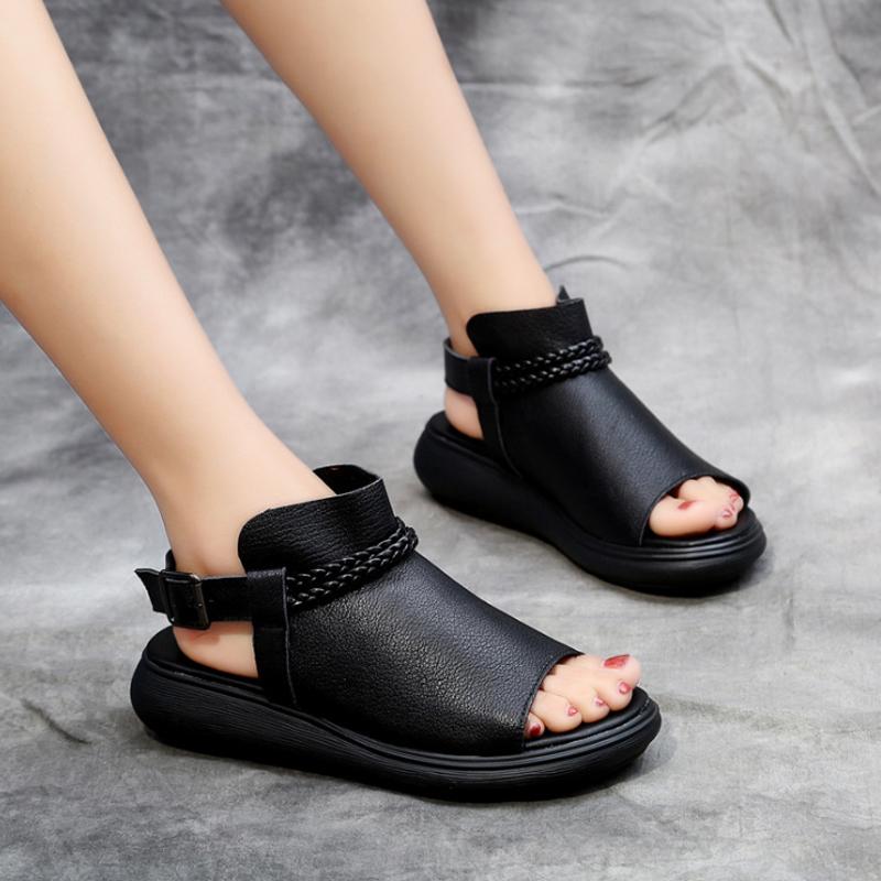 Black Casual Leather Women Flat Sandals